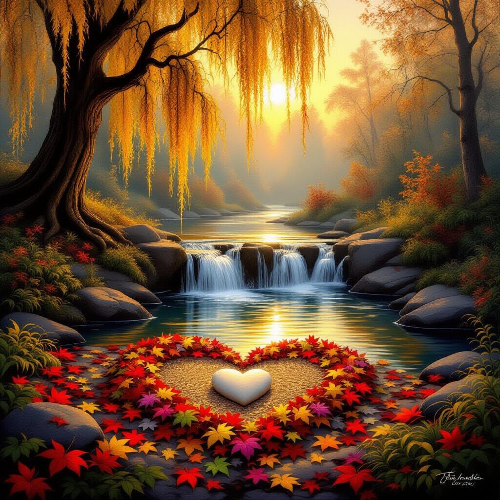 Ethereal Autumn Dreamscape with Glowing Willow and Heart Sto...