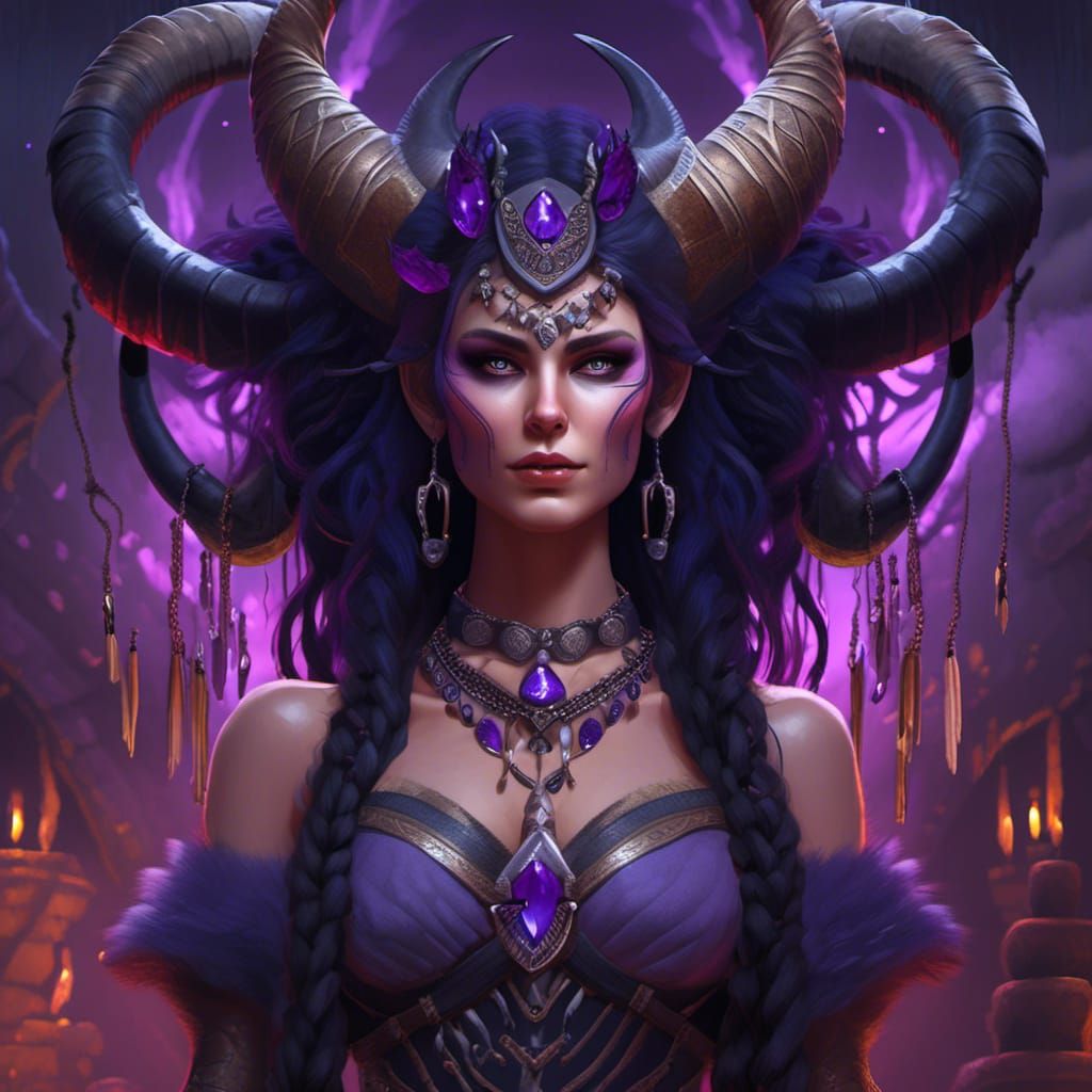 Purple-Skinned Warlock Woman with Braided Hair