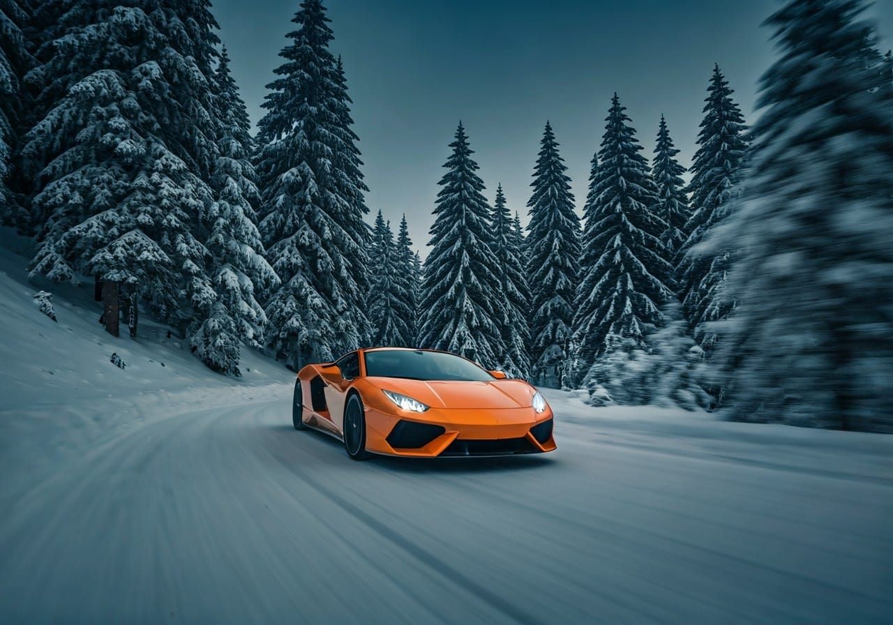 Vibrant Sports Car Speeds Through Snowy Mountain Pass at Nig...