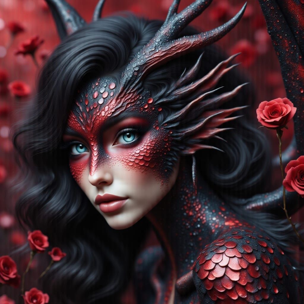 Ebony Dragon Woman with Ruby Scales in Digital Painting