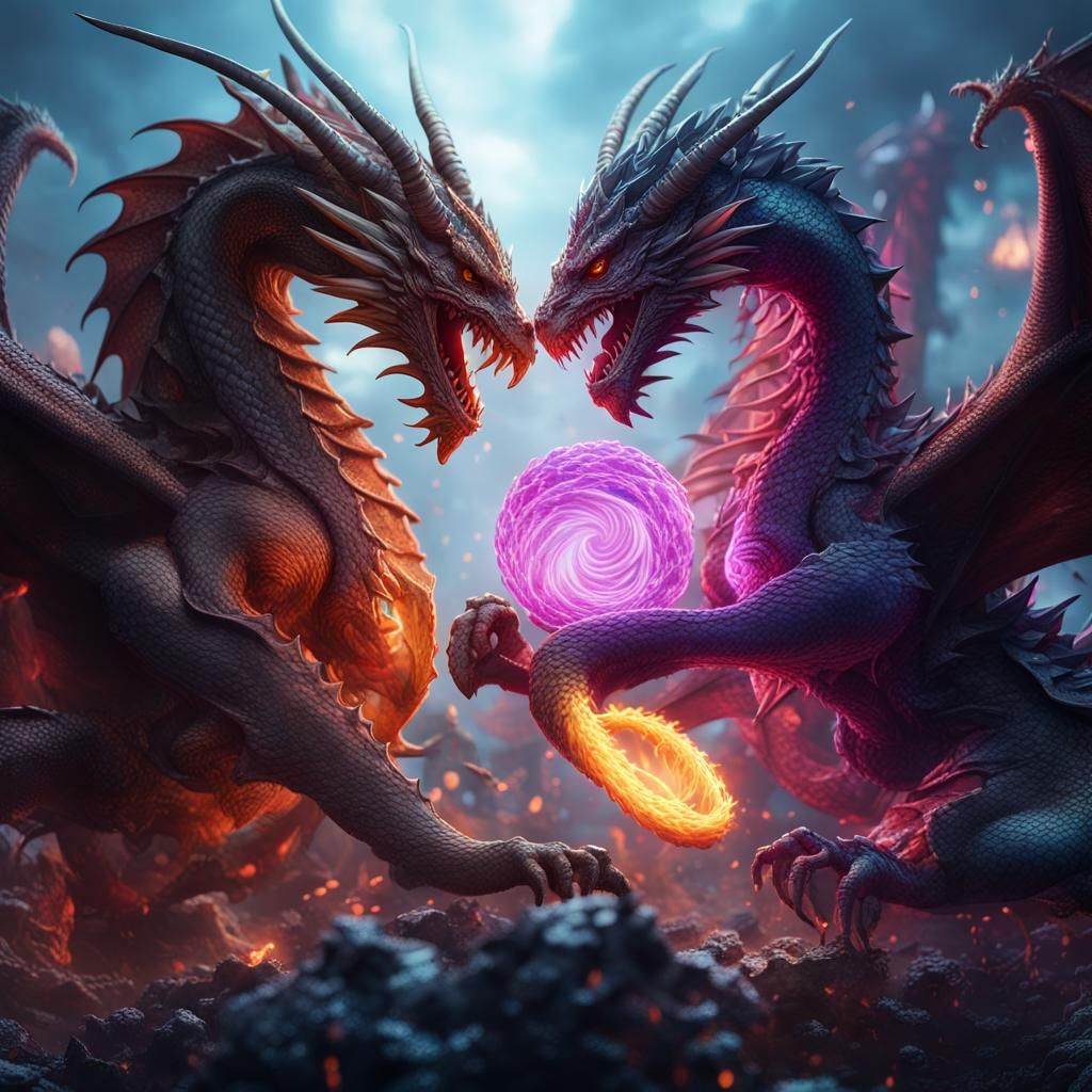 Dragons Fight in Cyberpunk Glowwave Aerial View