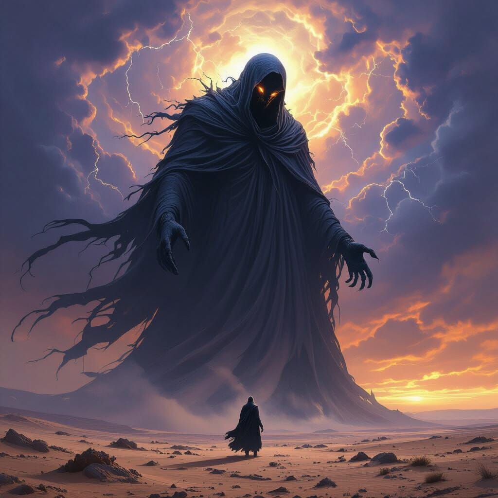 Cosmic Horror Entity Looms Over Desert, Dark Fantasy Art