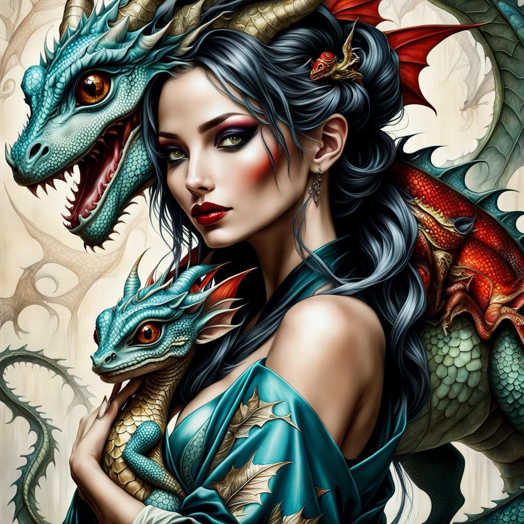 Dreamlike Woman and Dragon Portrait in Grunge Fantasy Style
