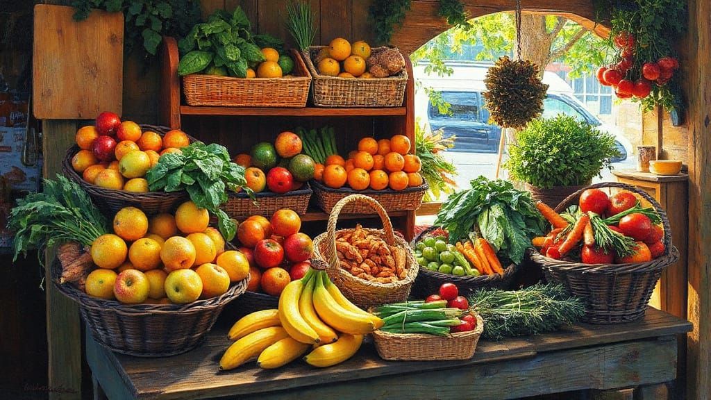 Vibrant Produce Stand in Neo-Impressionist Style