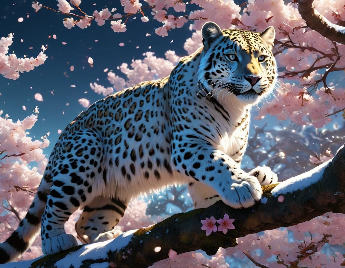 Snow Leopard in Cherry Blossoms: Digital Fantasy Art