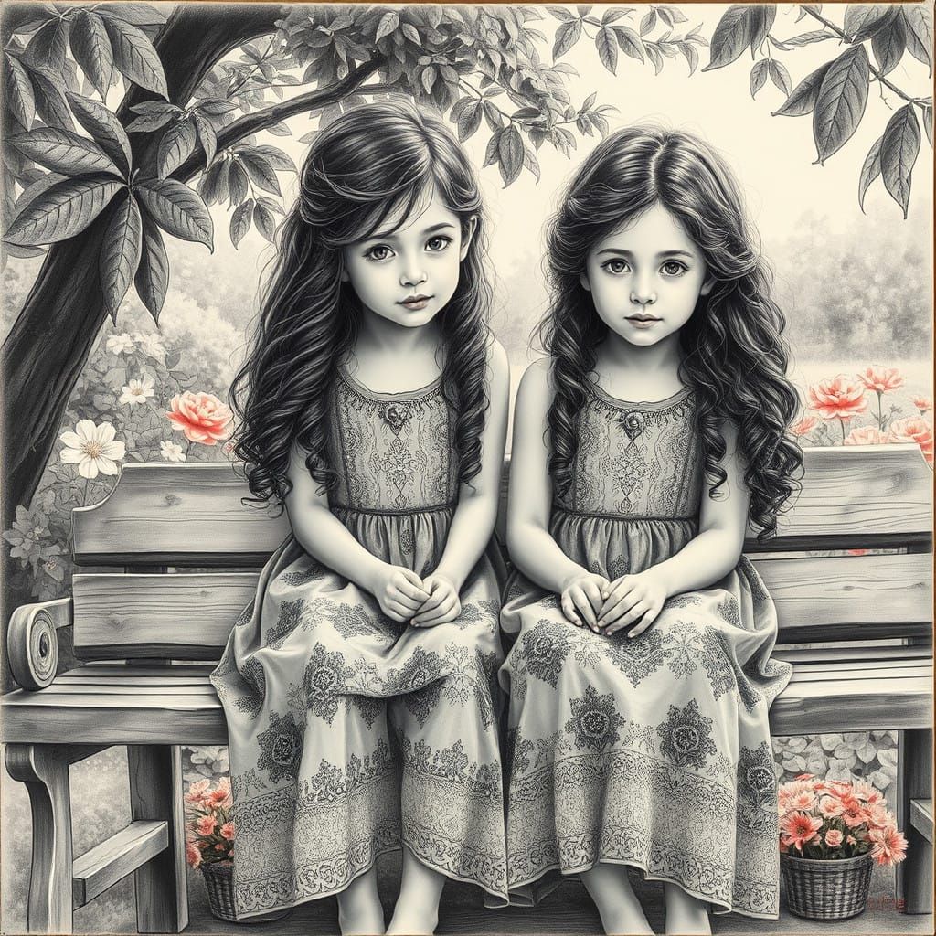 Girls in Serene Garden, Delicate Watercolour Art
