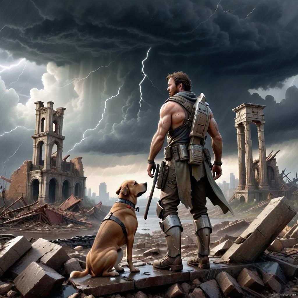 Post-Apocalyptic Survivor in Ruined City, Matte Painting