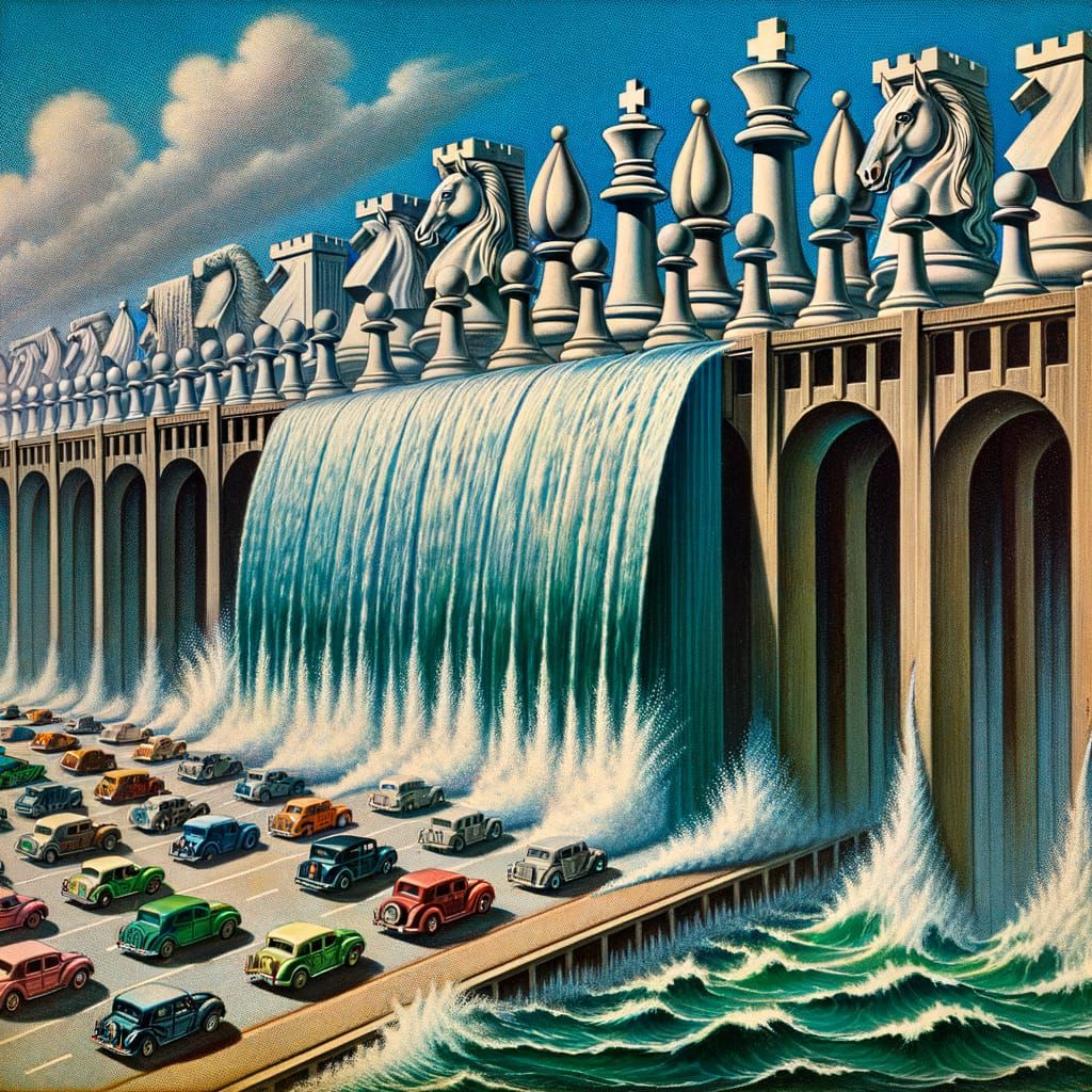 Surreal Waterfall Overpass with Chess Pieces