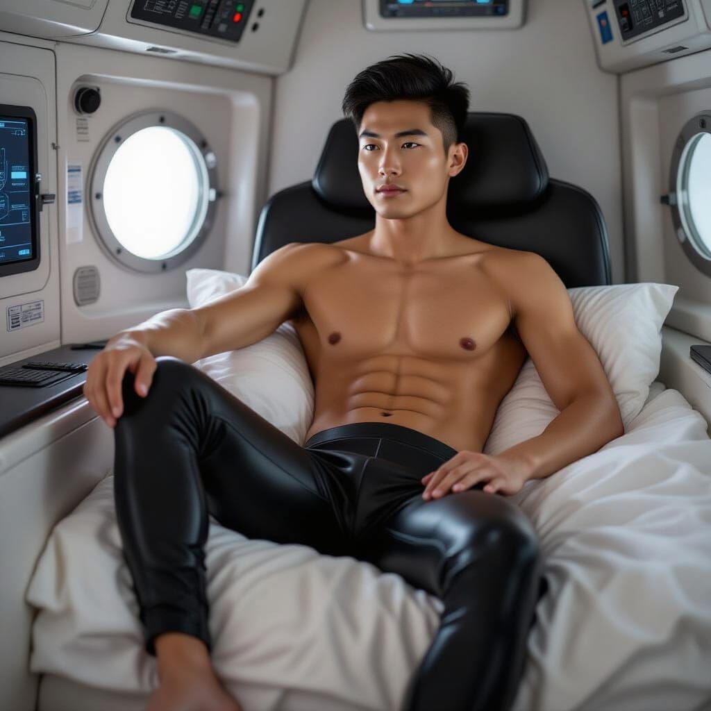 Shirtless Captain in Rubber Pants Relaxes