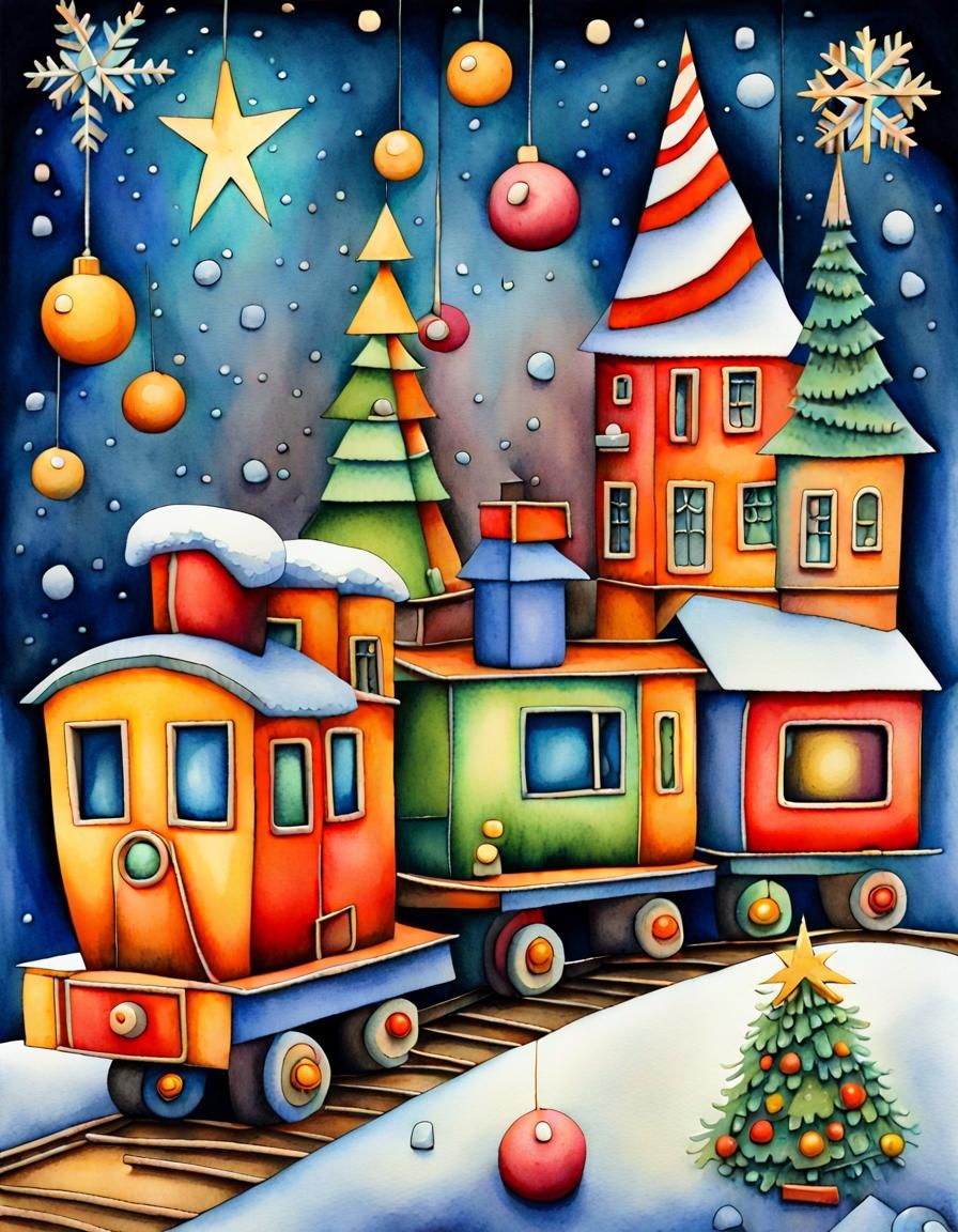 Festive Christmas Toys in Cubist Aquarelle Style