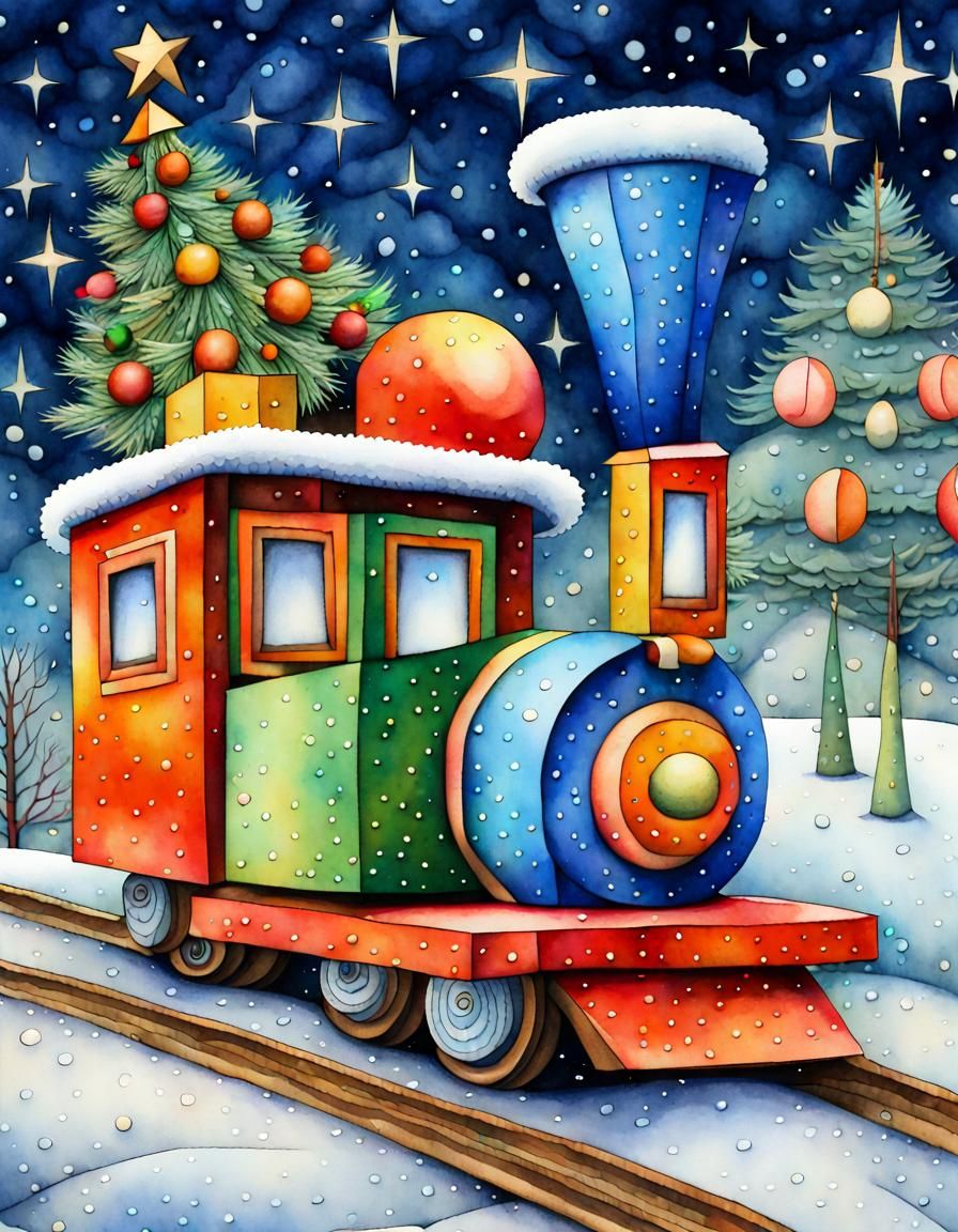 Festive Christmas Toys in Cubist Aquarelle Style