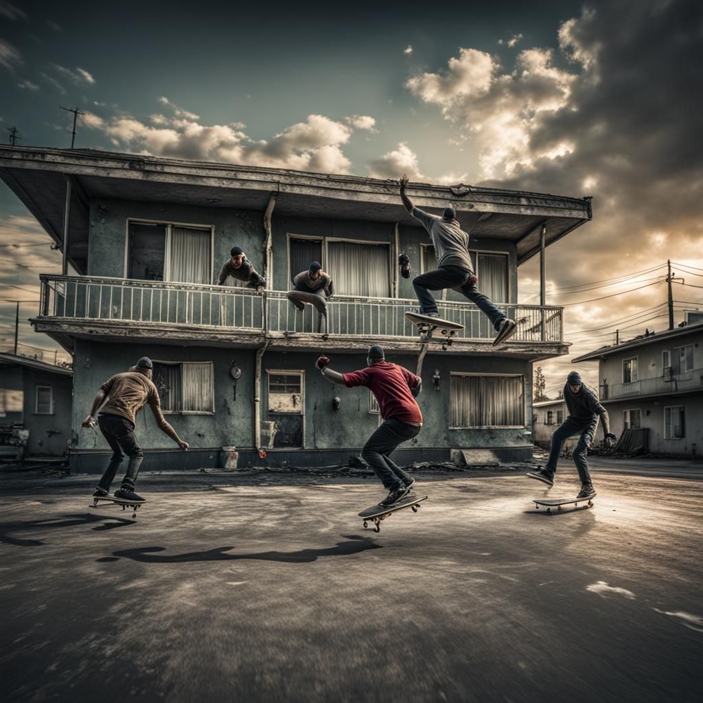 Skaters Throwing Molotov Cocktail: Hyperrealistic Scene