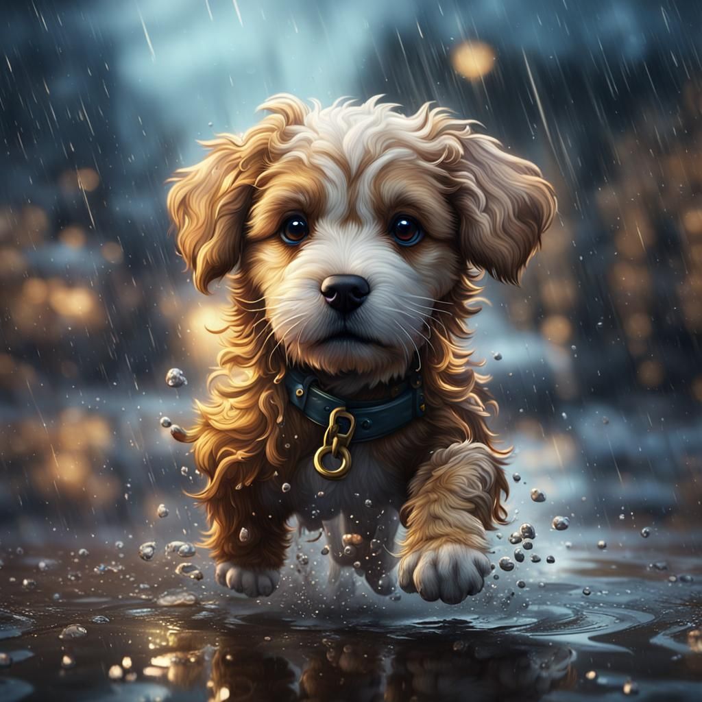 Fluffy Puppy's Rainy Day: Detailed Fantasy Art
