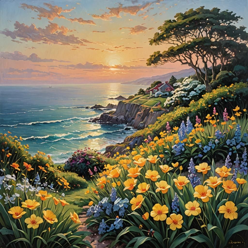 Sunrise Over Ocean Garden: Oil Painting