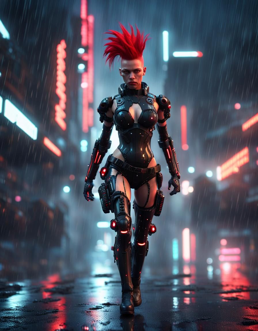 Cyberpunk Girl Runs in Rainy City