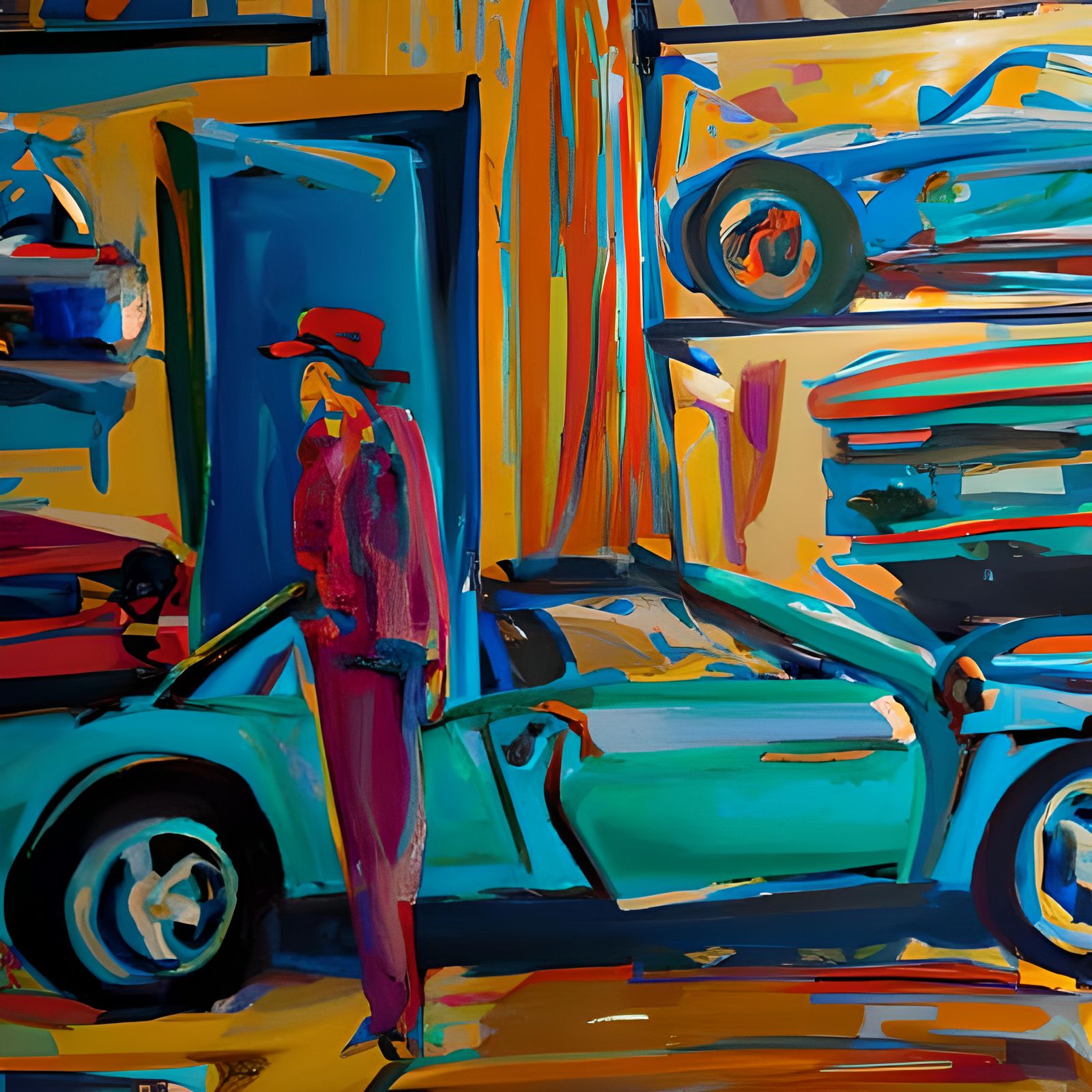 Woman with Exotic Cars: Neo-Impressionist Oil Painting