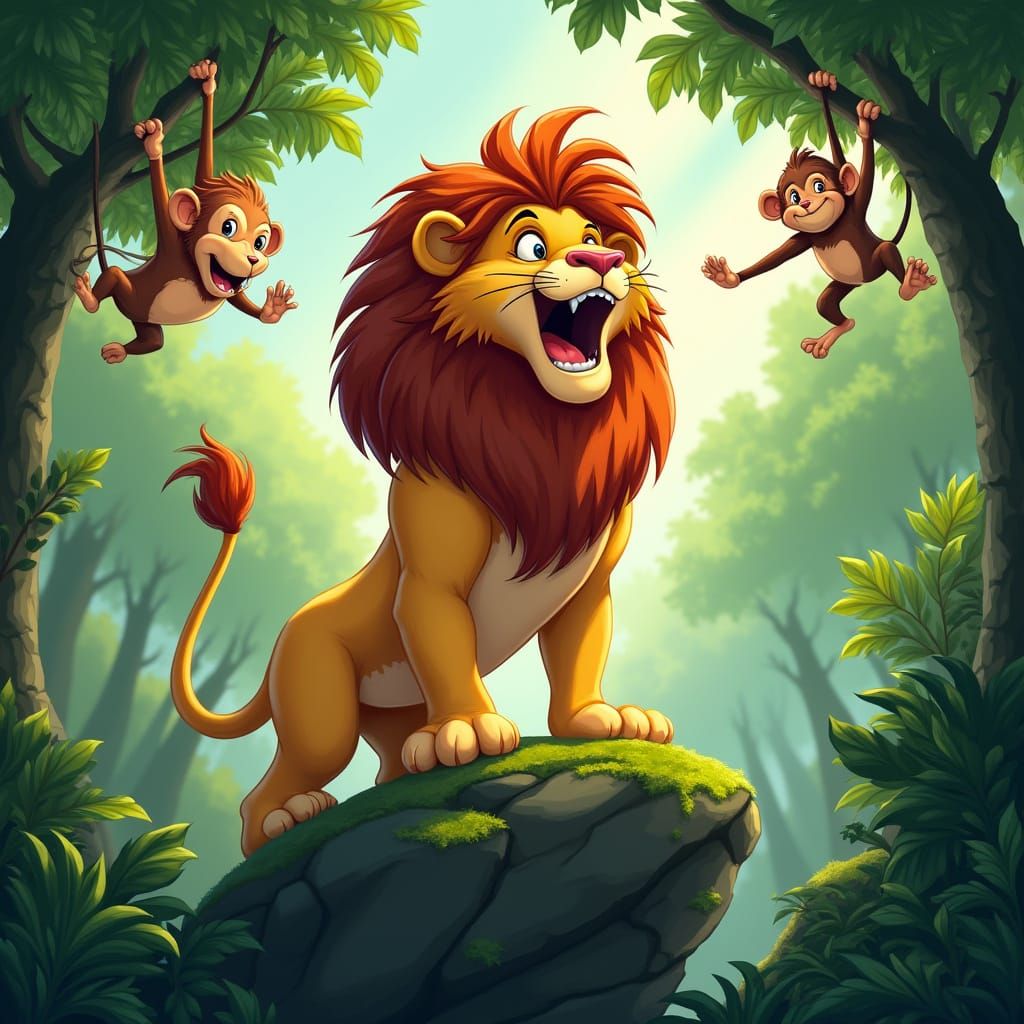 Regal Cartoon Lion Roars in Vibrant Jungle Scene