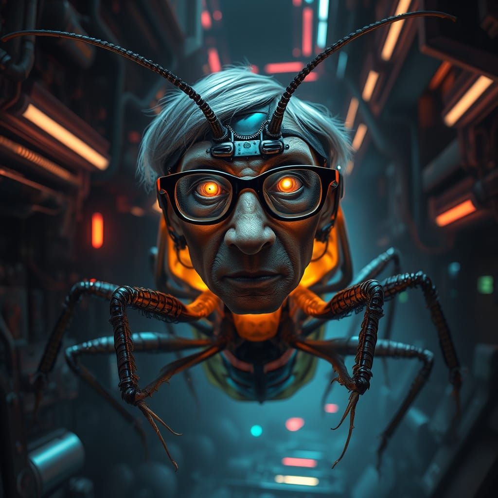 Cyberpunk Cockroach Hybrid with Bill Gates Features