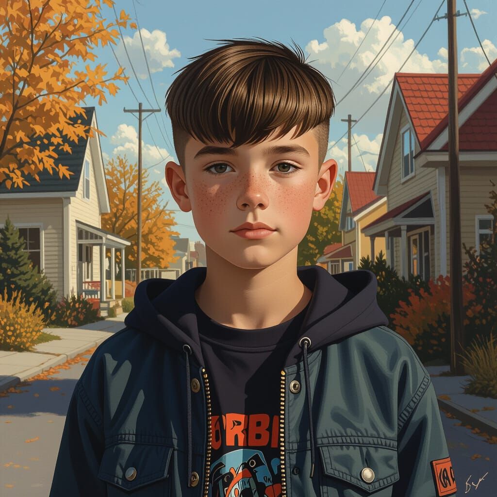 Trendy Boy with Bowl Cut in Detailed Matte Painting