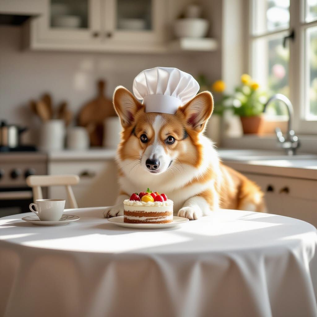 Corgi Chef Arranges Miniature Cake in Sunlit Kitchen