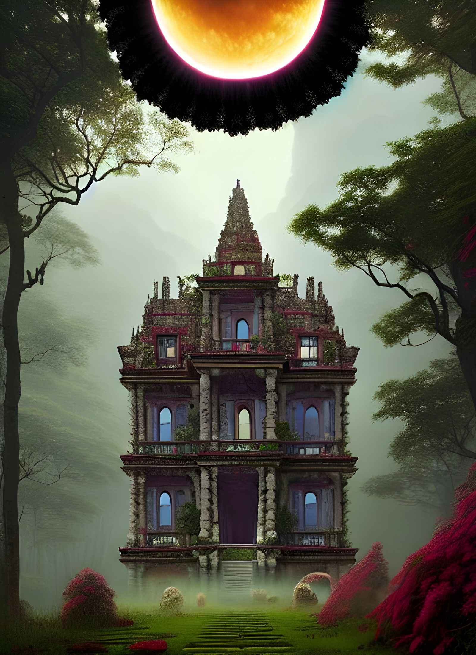 Solar Eclipse Over Gothic Manor Digital Painting