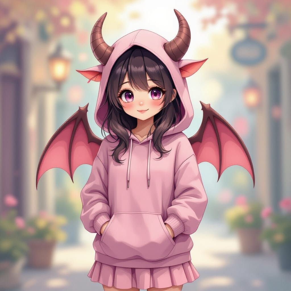 Pastel Demon Girl in Whimsical Watercolor Style