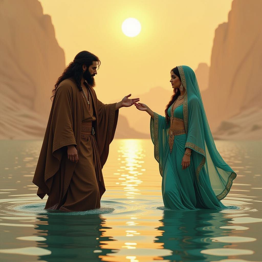 Biblical Man Walking on Water in Matte Painting Style