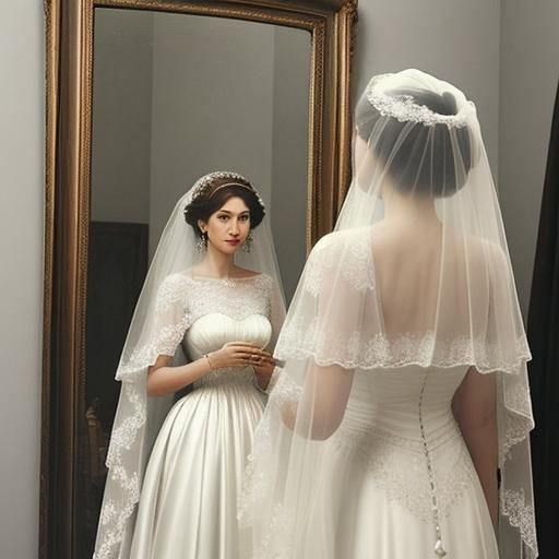 A beautiful bride standing looking at herself in the mirror while her mother adjusts her long romantic white dress and v...
