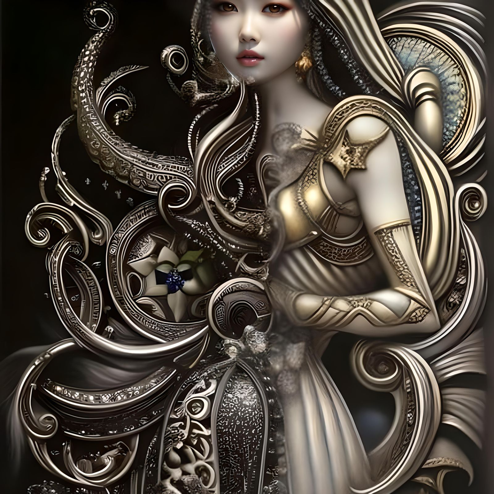 Cute Woman, Black and White Line Art