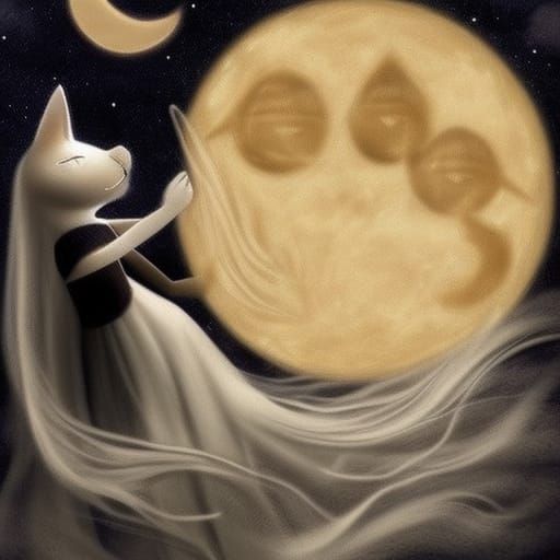 Ethereal Lunar Witch with Celestial Cats Painting