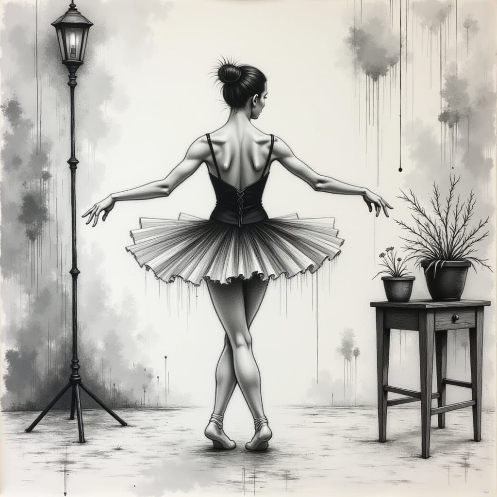 Ballerina Escapes Page in Charcoal Scribble Style