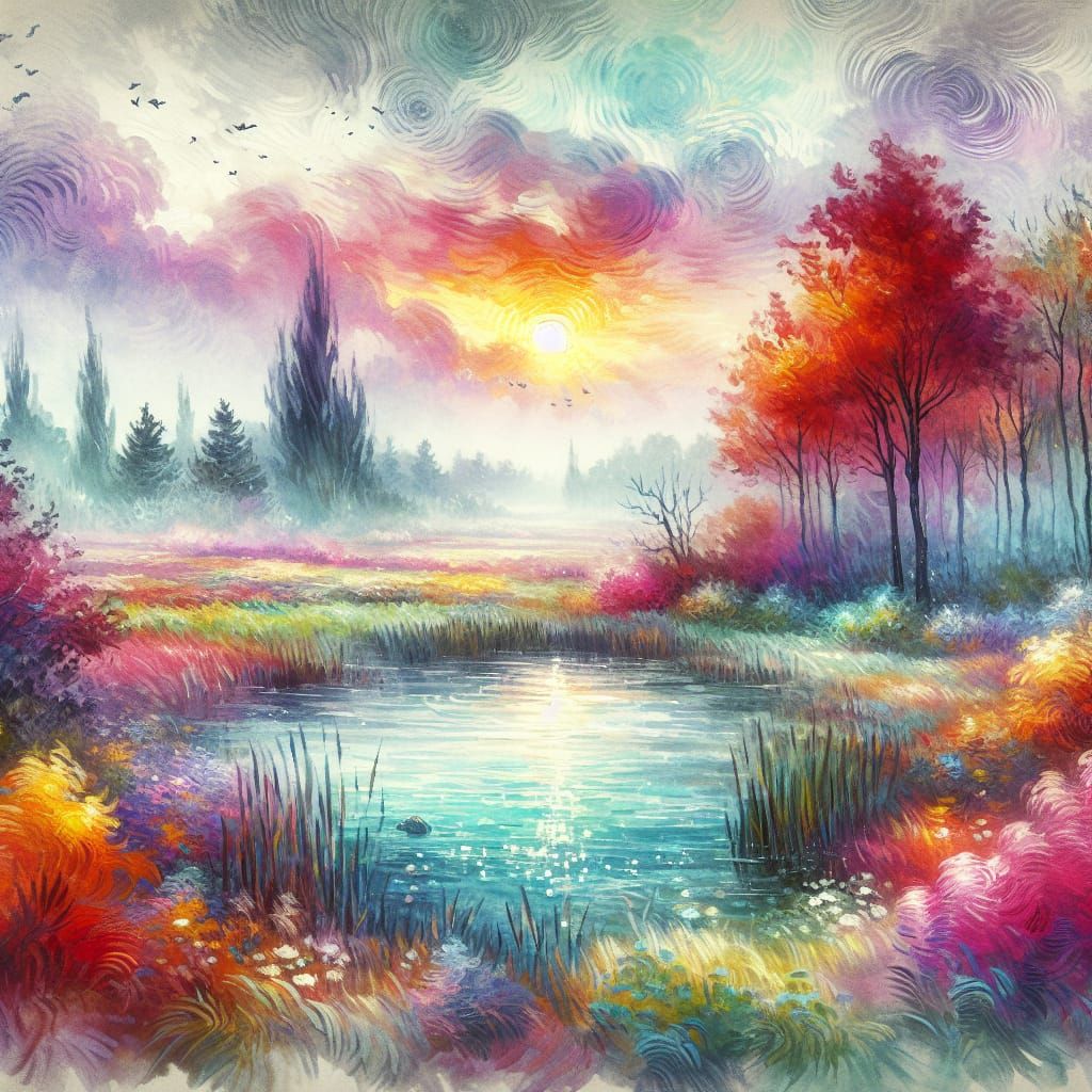 Misty Pool: Impasto Landscape in Watercolor Style