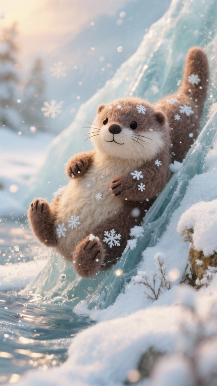Cute Fluffy Otters Sliding Down Snowy Slopes