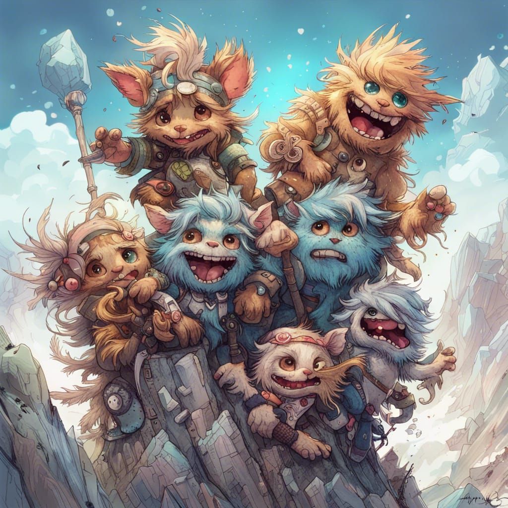 Chibi Furry Monsters Climb Mountain, Digital Art