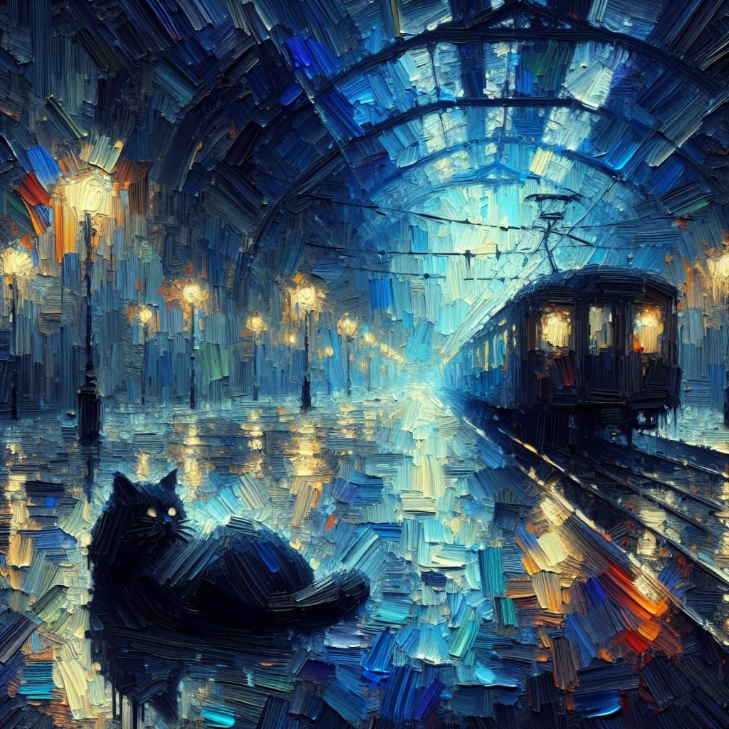 Black Cat Sleeping in Rainy Subway: Impasto Oil Painting