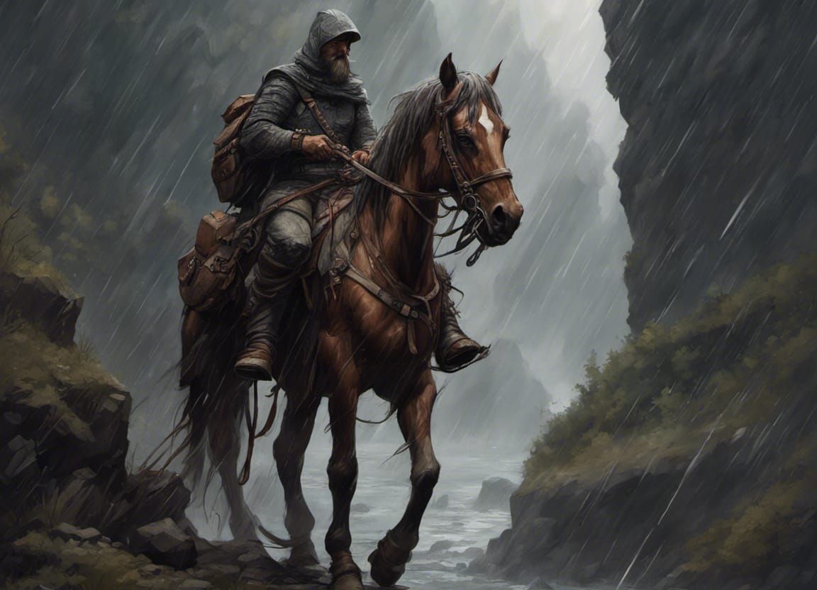 D&D a knight with a braided beard near a cliff and trail preparing for a really long ride on his big horse with many bac...