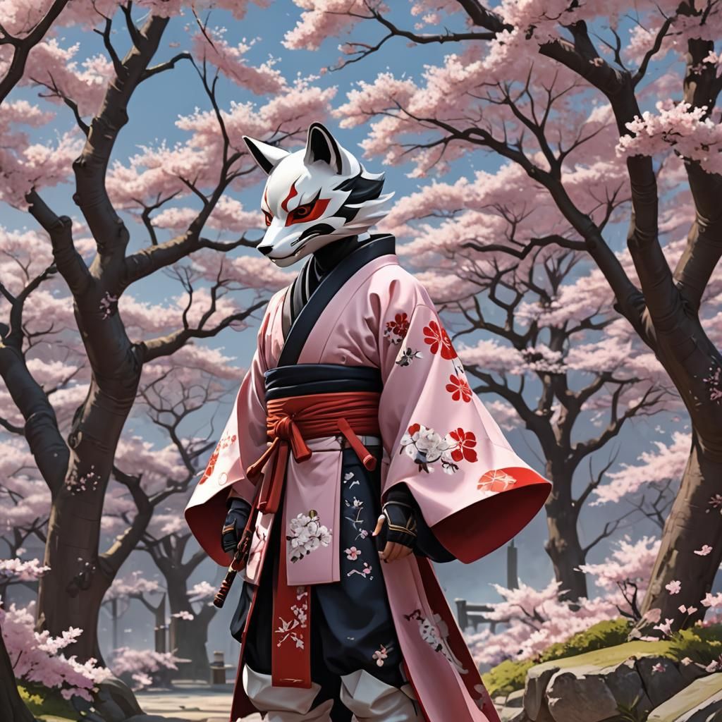 "A mysterious  ninja wearing a traditional Japanese (YangYong kabuki  Fox Mask) and the matching traditional style robes...