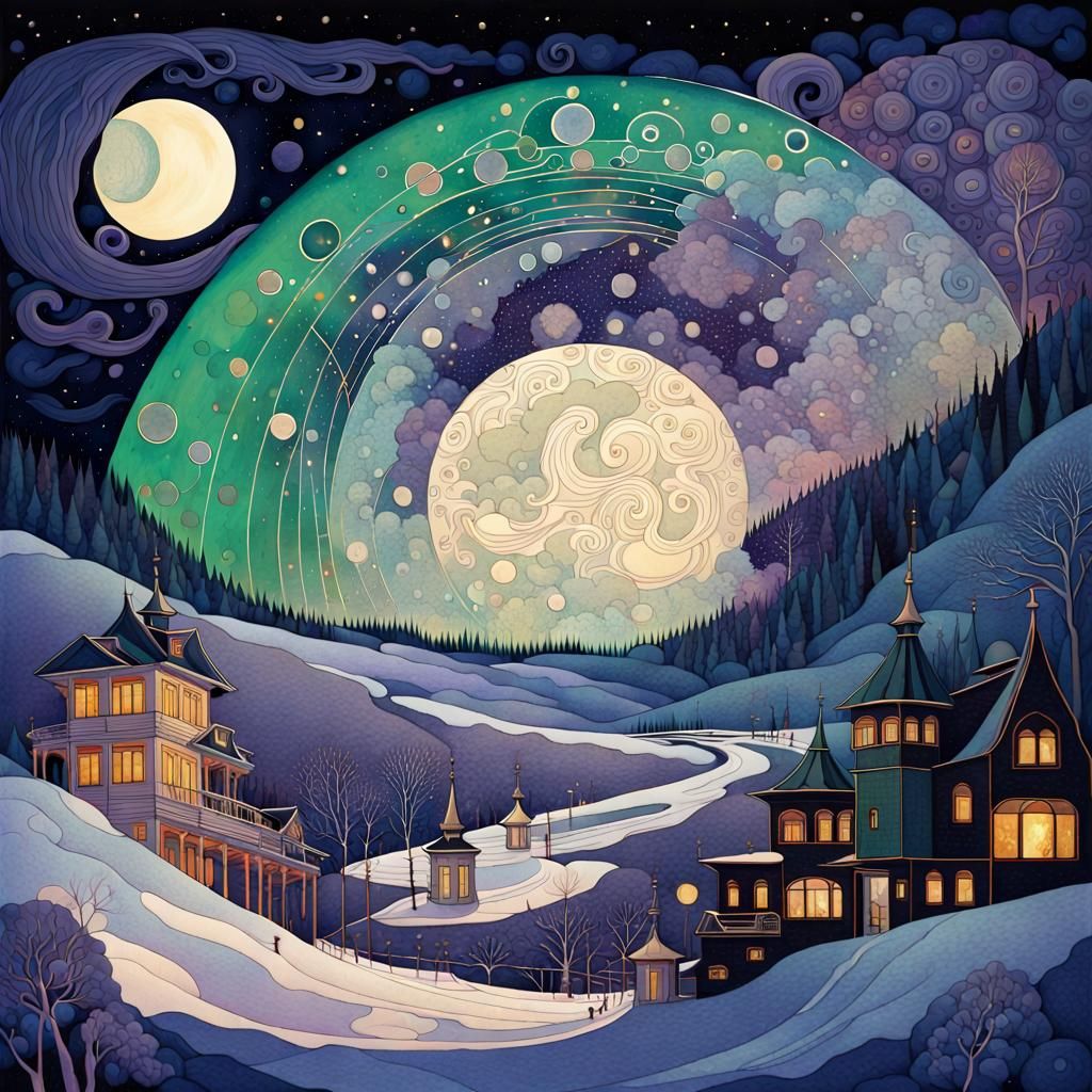 Aurora Borealis Under Ornate Moon in Abstract Style
