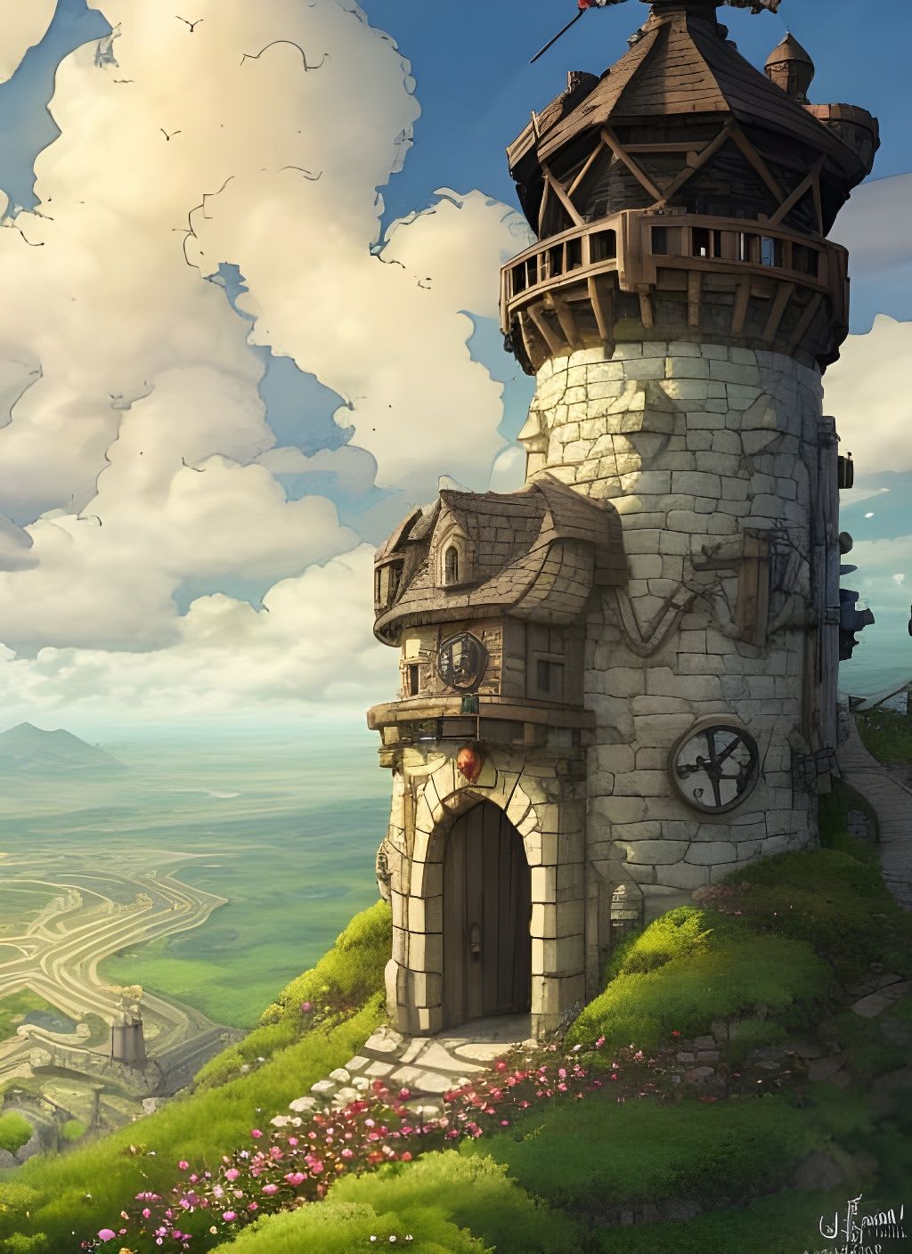 Medieval Steampunk Guard Tower Overlooking Flower Field