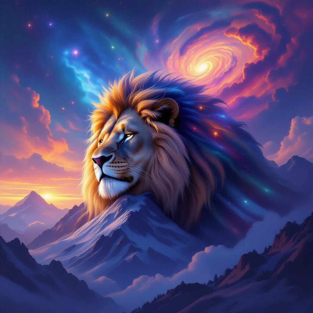 Cosmic Lion Rests on Giant Mountain in Galaxy Sky