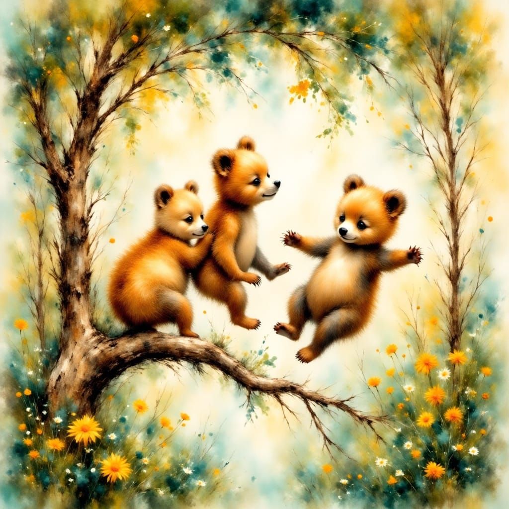Whimsical Bears Climb a Branch in a Lush Forest