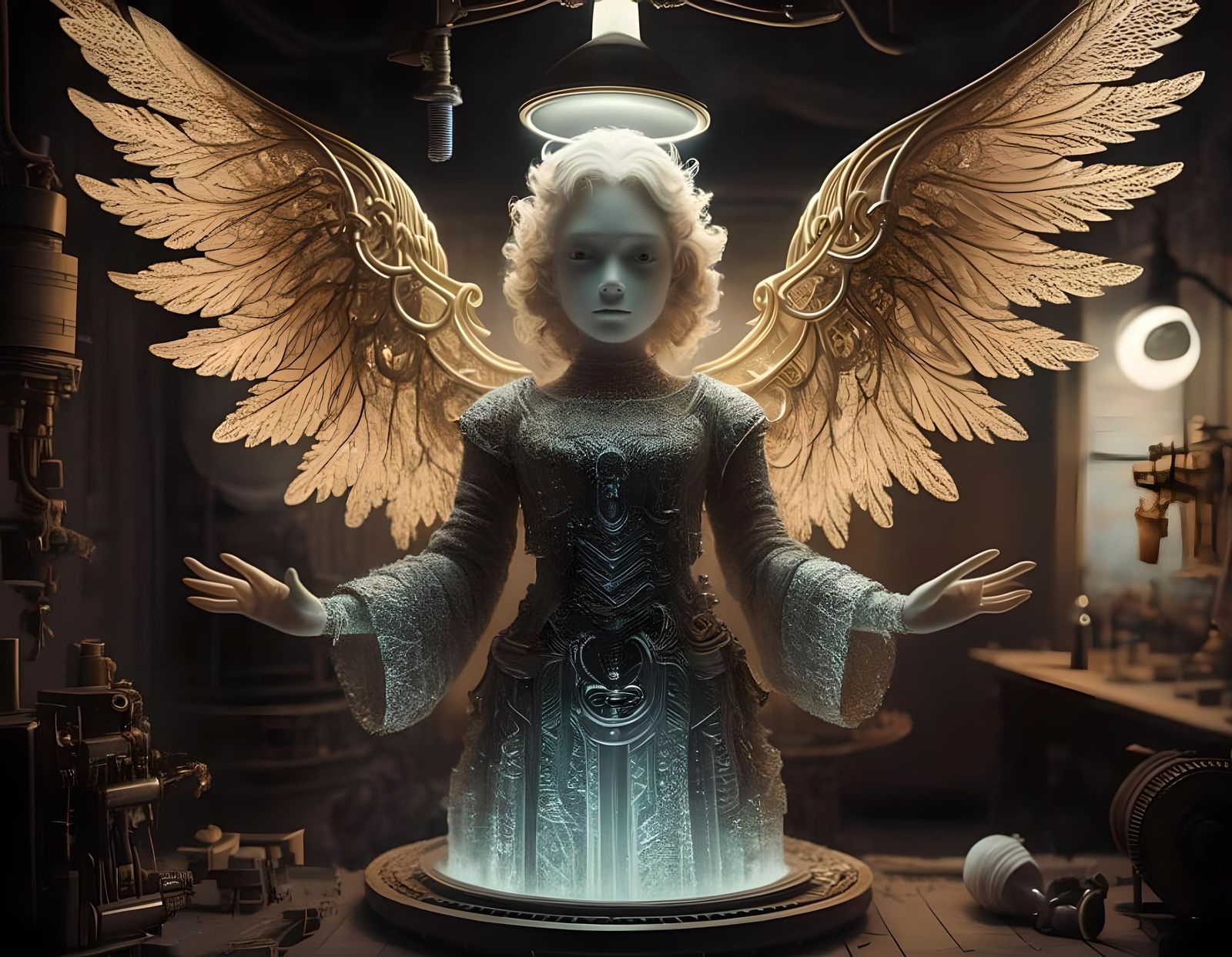 Steampunk Holocloth Angel Automaton in Dark Workshop