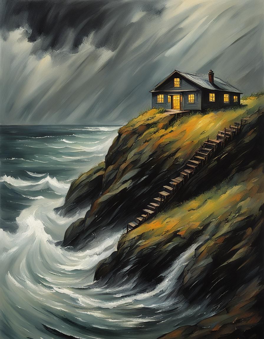 Cliffside House in Storm: Wet Brush Style