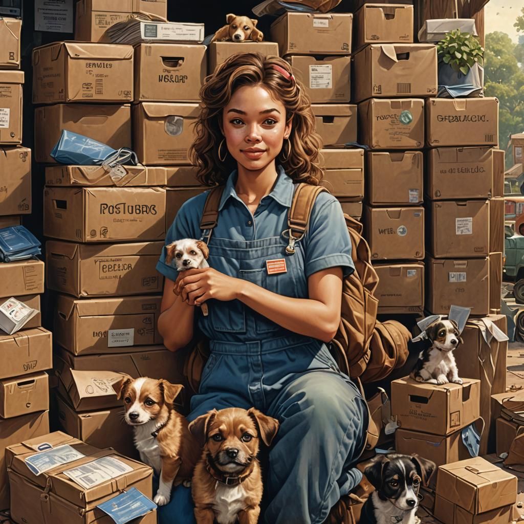 Friendly 90s Postal Worker with Puppy: Matte Painting