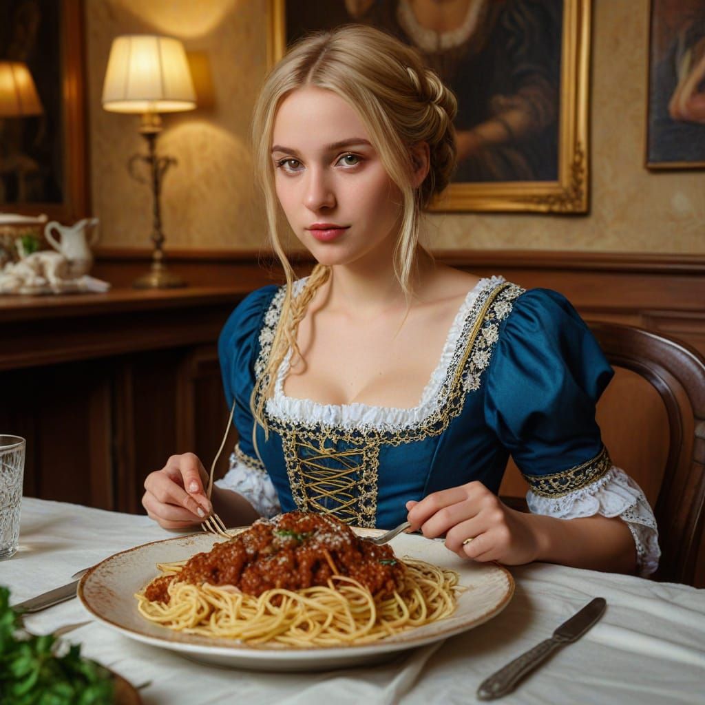 Renaissance Woman Eats Spaghetti: Oil Painting