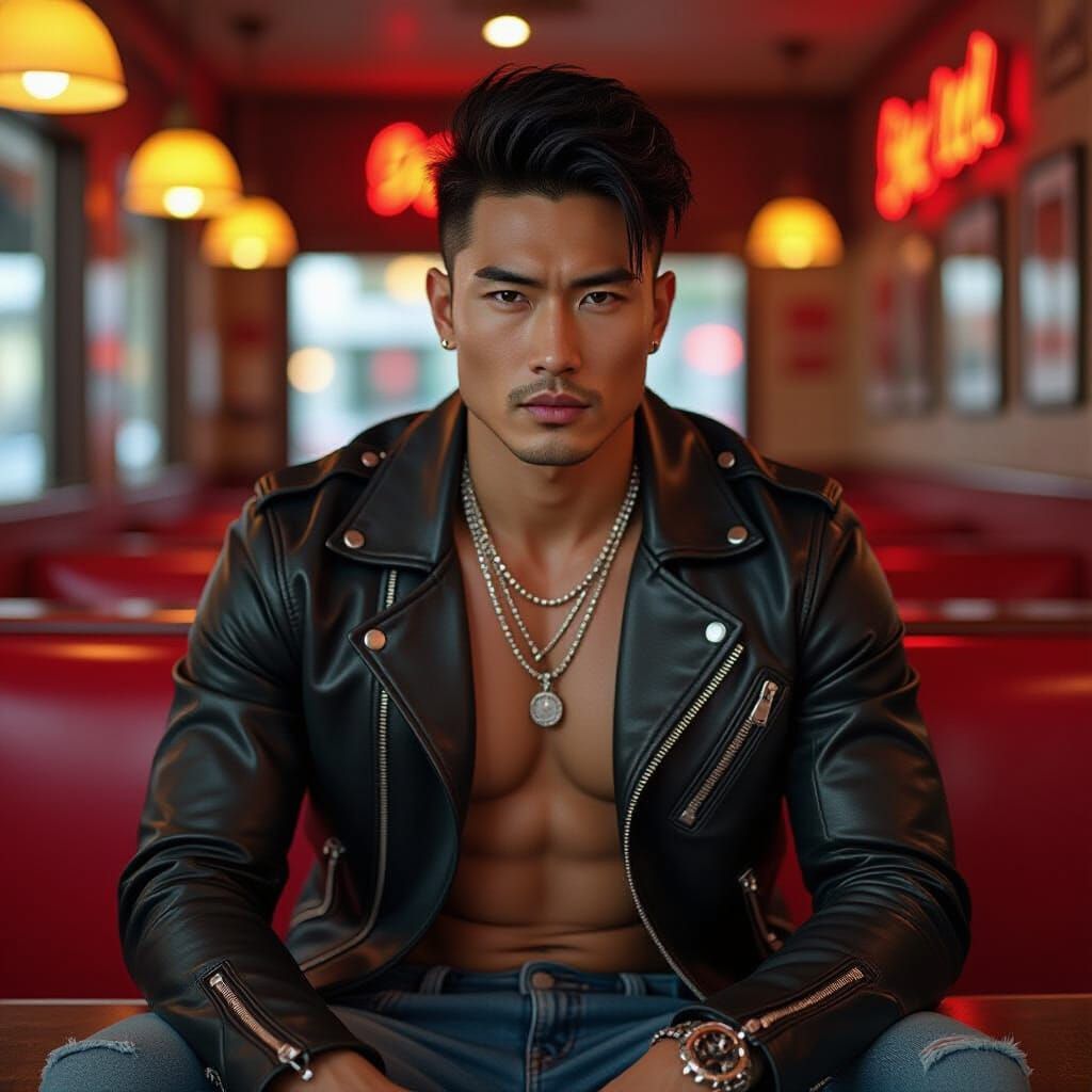 Confident Asian Man in Leather Jacket at Neon Diner