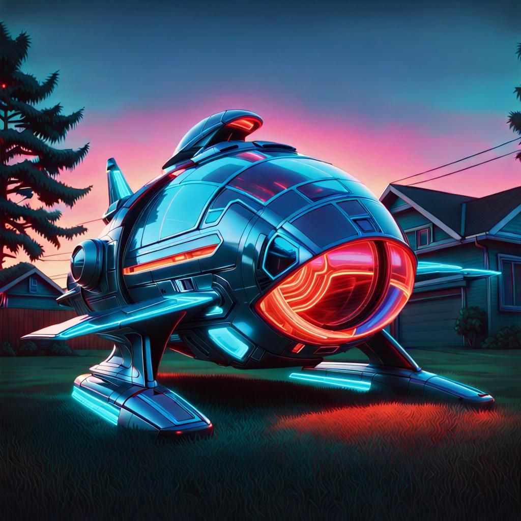 Bioluminescent Raypunk Spaceship Toy on Suburban Lawn