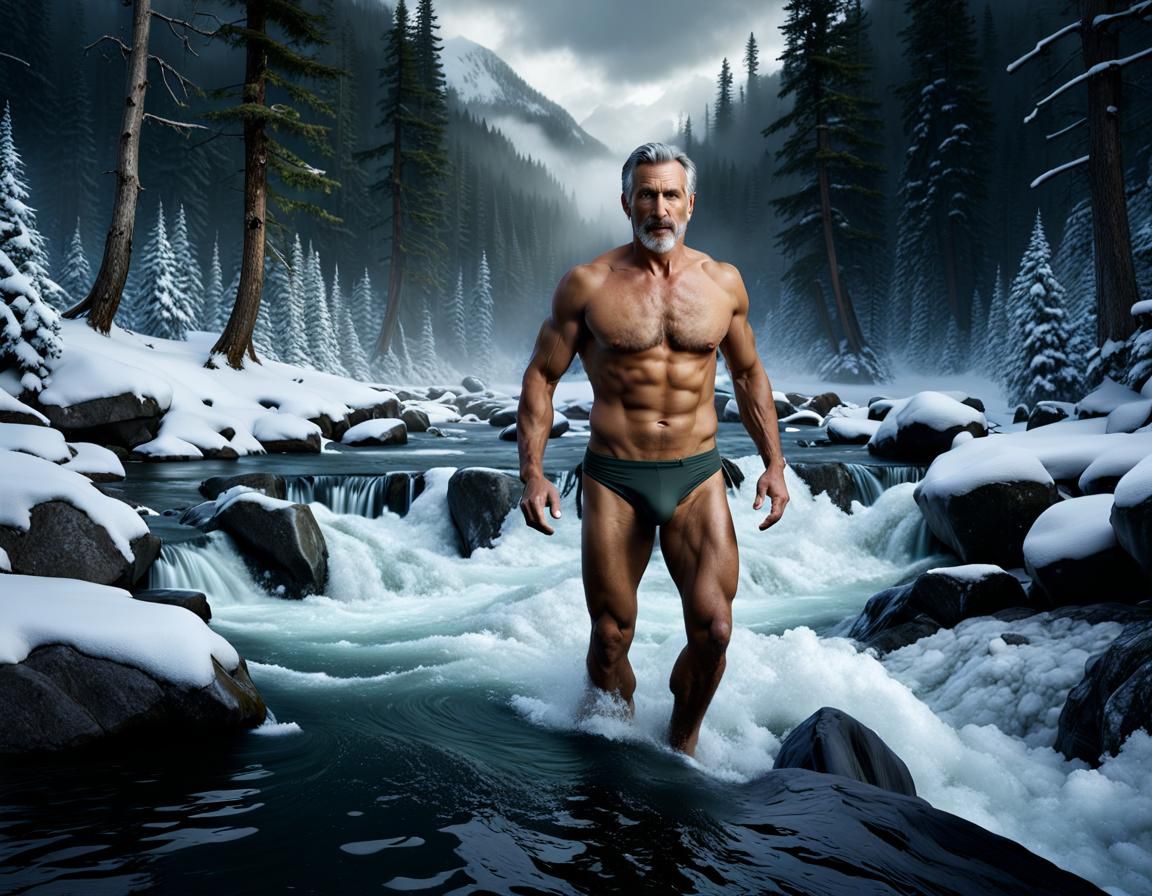 Man Emerges from Snowy Rapids: Detailed Matte Painting