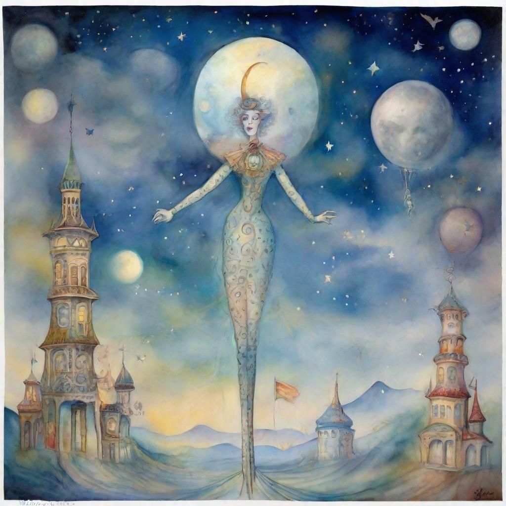 Surreal Clown Figure Beside Circus in Watercolor Style