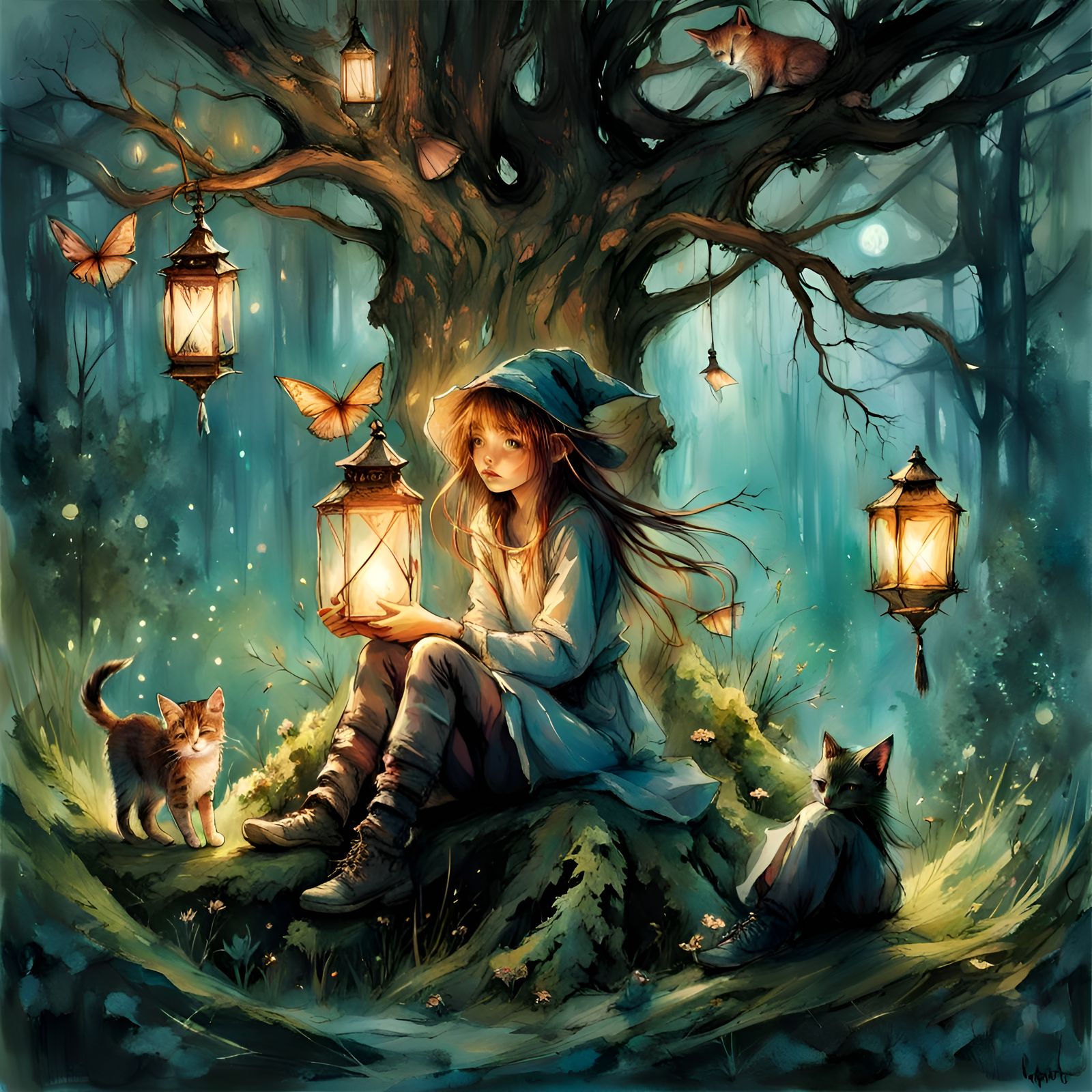 Cute Witch Girl and Cat by Magical Tree